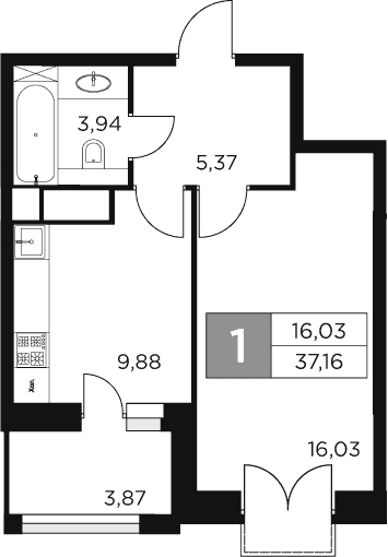 Планировка — Восток 2, 1-комн., 35 м²