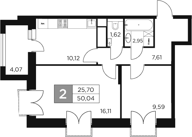 Планировка — Восток 2, 2-комн., 48 м²
