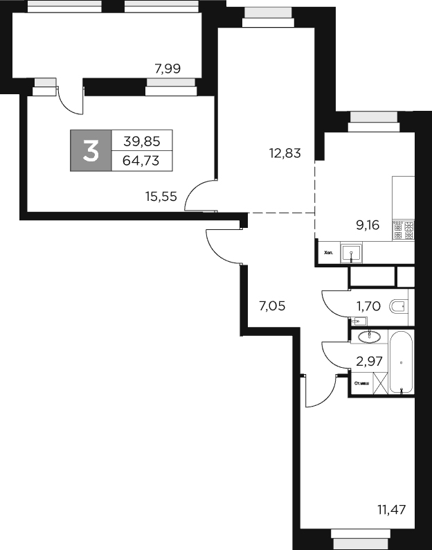 Планировка — Восток 2, 3-комн., 61 м²