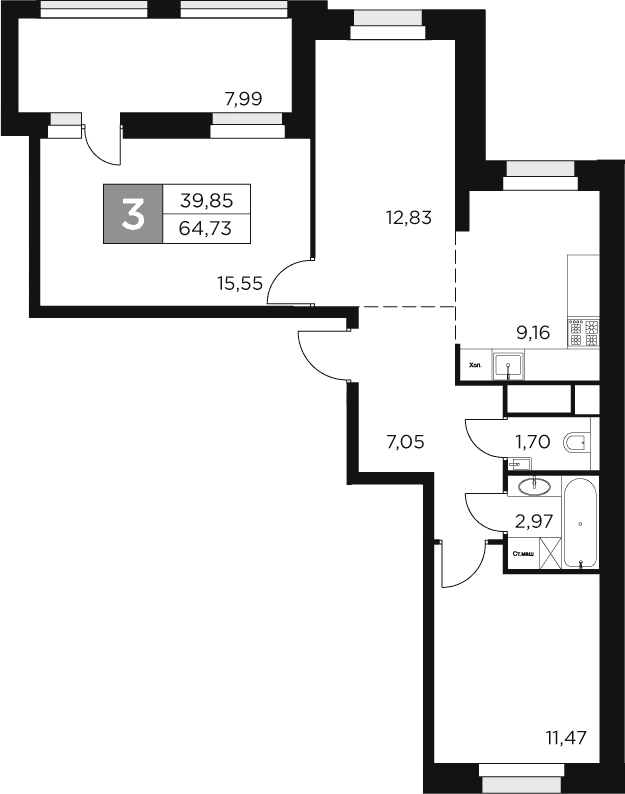 Планировка — Восток 2, 3-комн., 61 м²