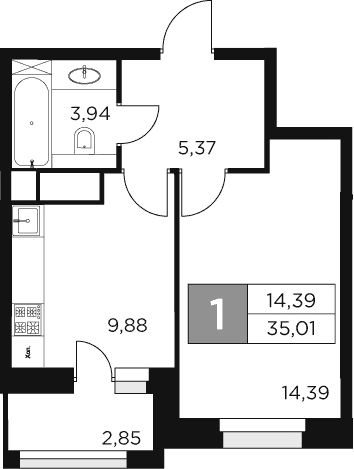 Планировка — Восток 2, 1-комн., 34 м²