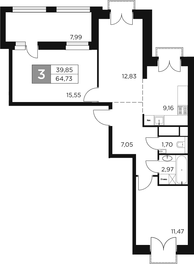 Планировка — Восток 2, 3-комн., 61 м²