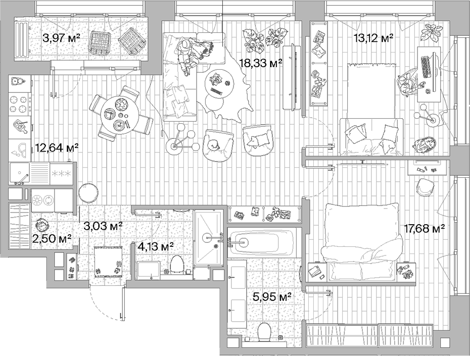 Планировка — МЫС, 3-комн., 77 м²