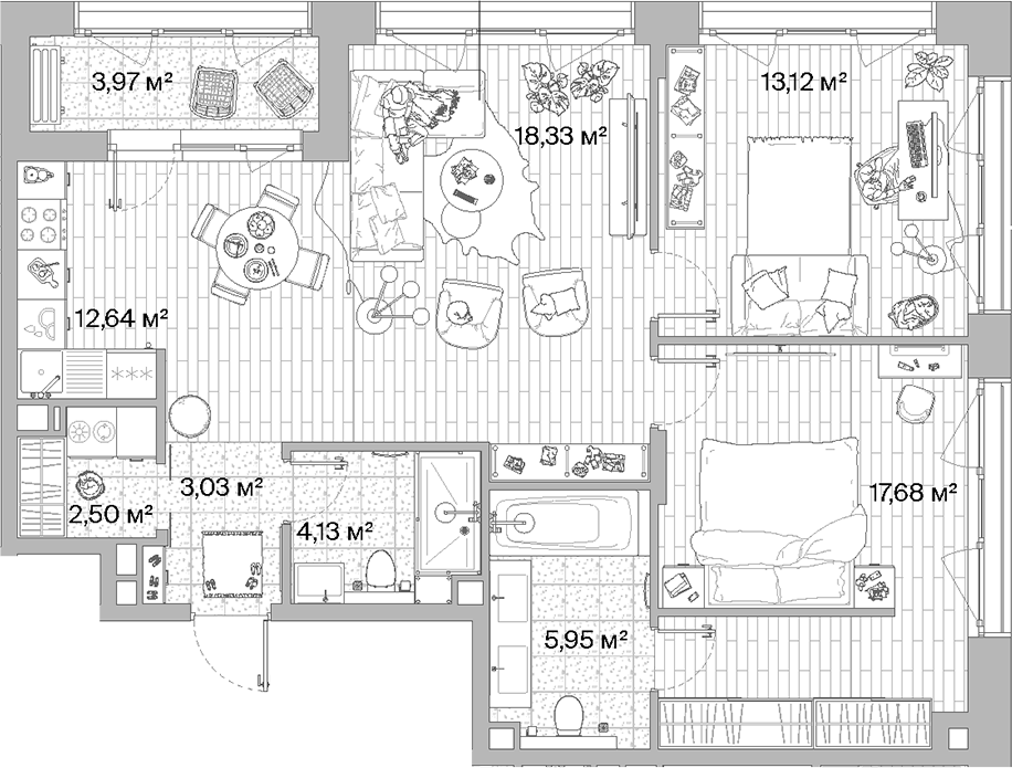 Планировка — МЫС, 3-комн., 77 м²