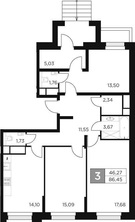Планировка — Восток 2, 3-комн., 86 м²