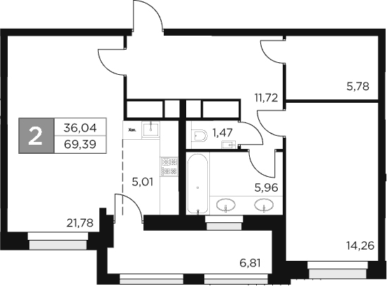 Планировка — Восток 2, 2-комн., 66 м²