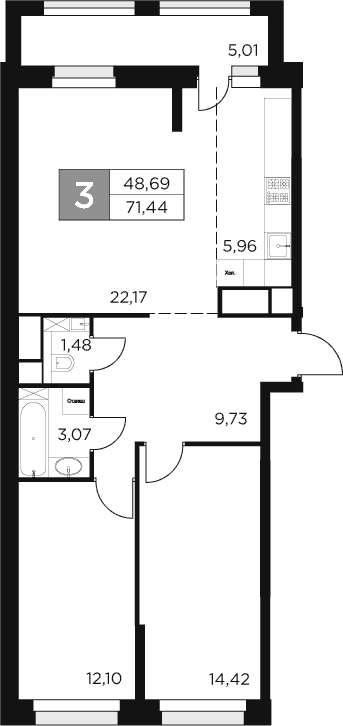 Планировка — Восток 2, 3-комн., 69 м²