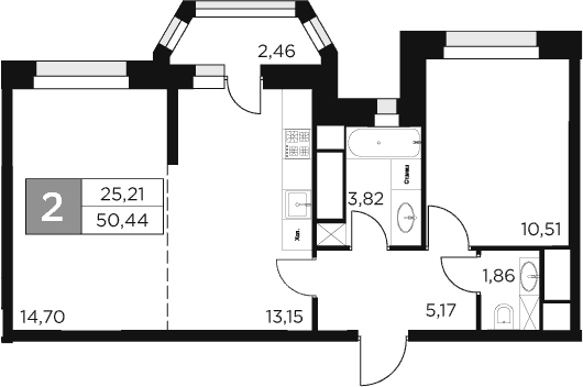 Планировка — Восток 2, 2-комн., 49 м²