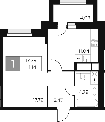 Планировка — Восток 2, 1-комн., 39 м²