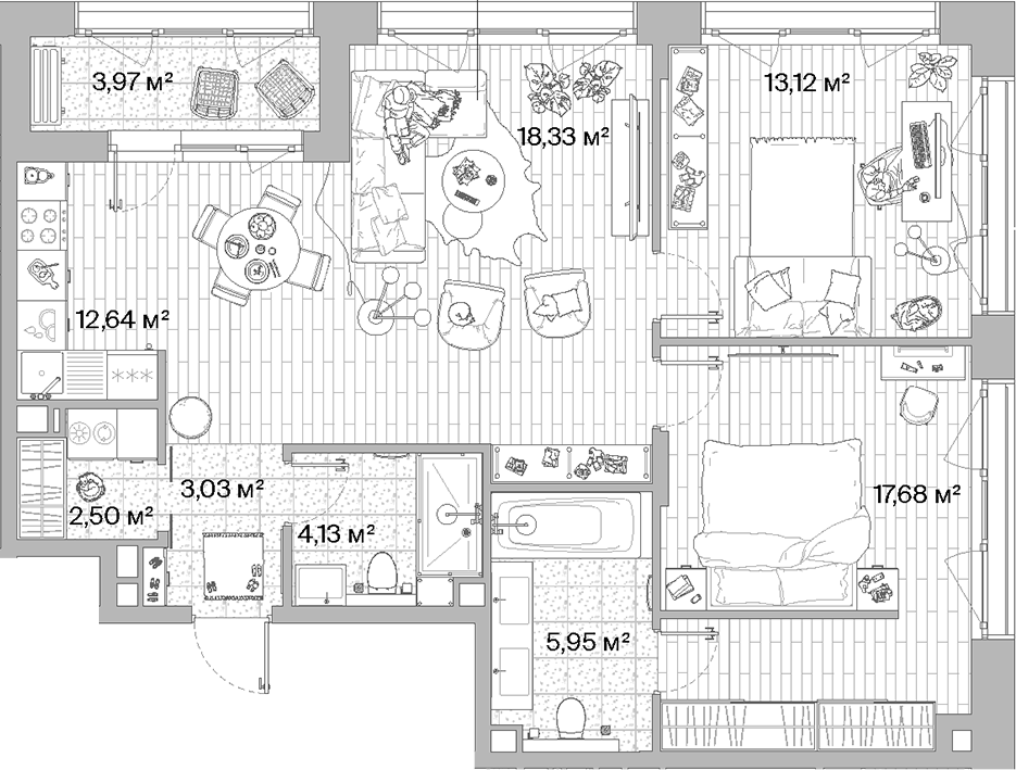 Планировка — МЫС, 3-комн., 77 м²