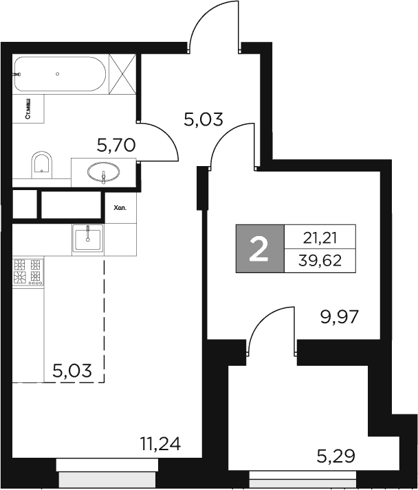 Планировка — Восток 2, 2-комн., 37 м²