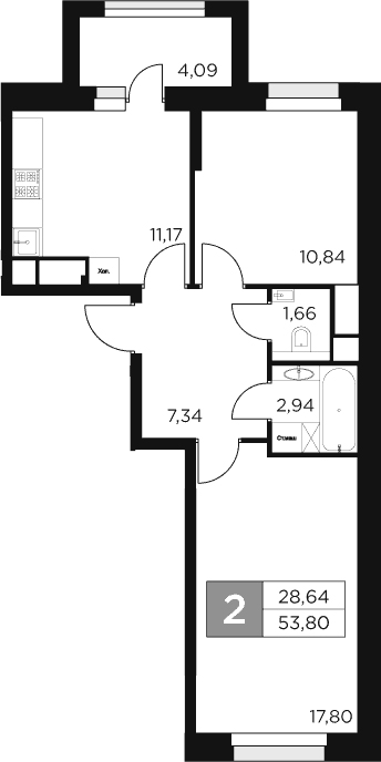 Планировка — Восток 2, 2-комн., 52 м²