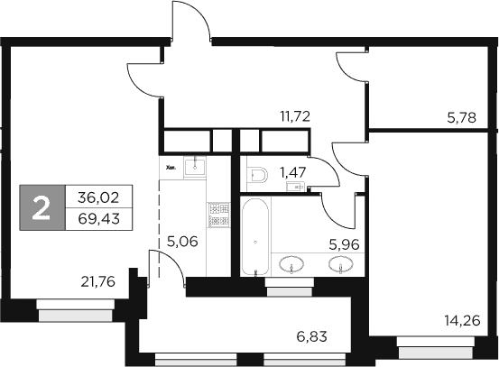 Планировка — Восток 2, 2-комн., 66 м²