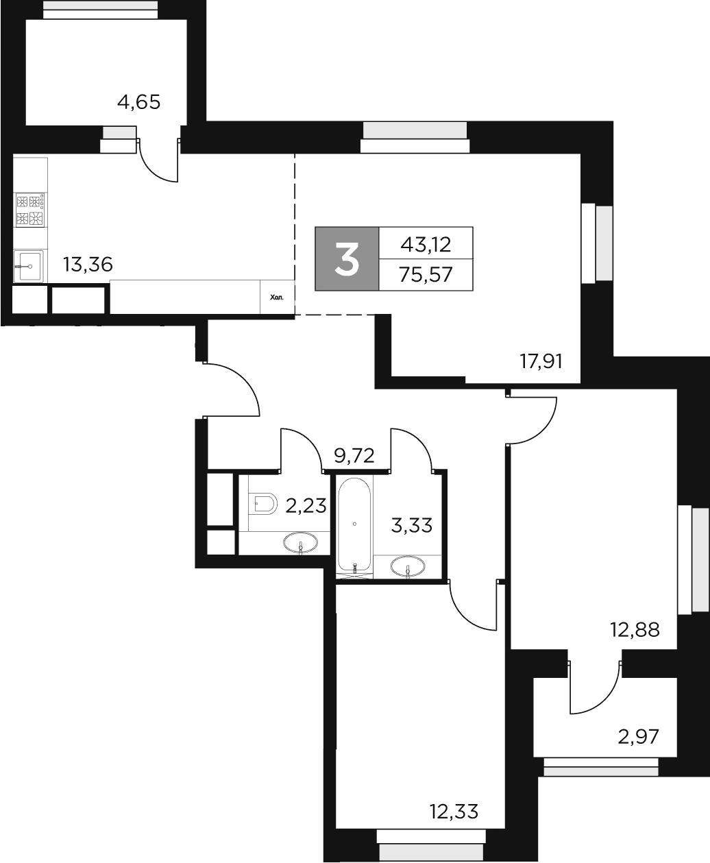 Планировка — Восток 2, 3-комн., 72 м²