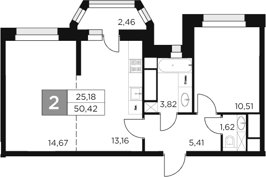 Планировка — Восток 2, 2-комн., 49 м²