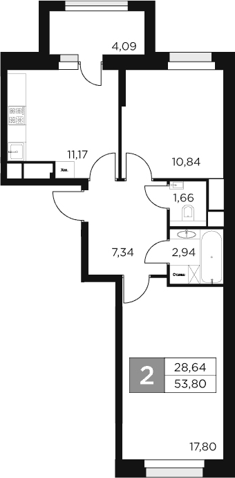 Планировка — Восток 2, 2-комн., 52 м²