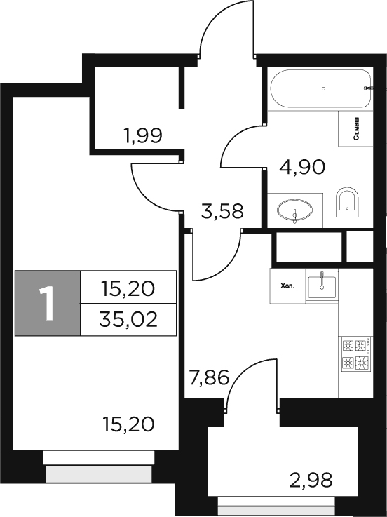 Планировка — Восток 2, 1-комн., 34 м²