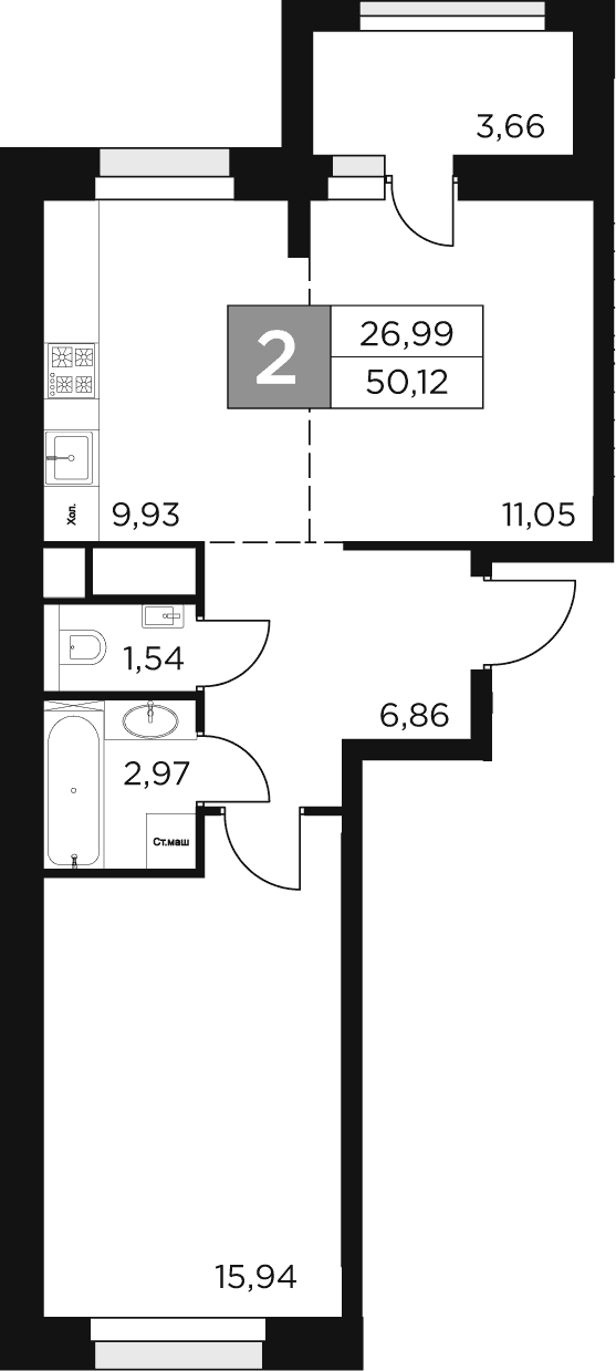 Планировка — Восток 2, 2-комн., 48 м²