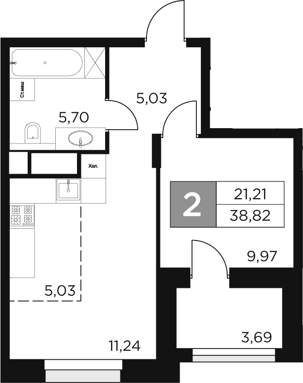 Планировка — Восток 2, 2-комн., 37 м²