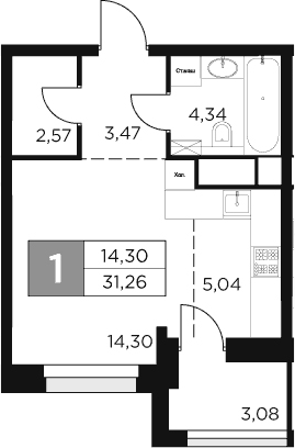 Планировка — Восток 2, Студия, 30 м²