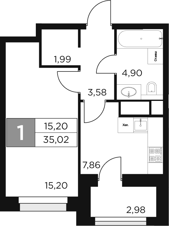 Планировка — Восток 2, 1-комн., 34 м²