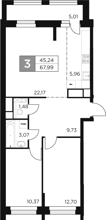 Планировка — Восток 2, 3-комн., 65 м²