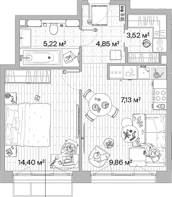 Планировка — МЫС, 2-комн., 45 м²