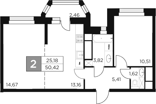 Планировка — Восток 2, 2-комн., 49 м²
