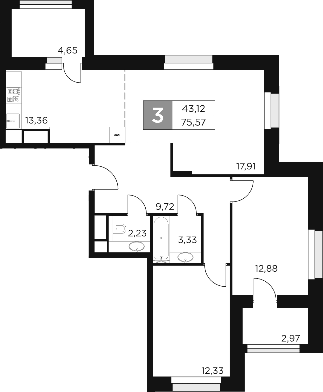 Планировка — Восток 2, 3-комн., 72 м²