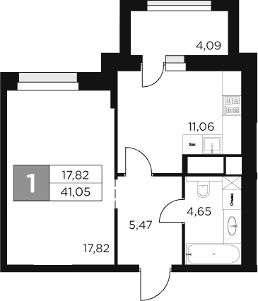 Планировка — Восток 2, 1-комн., 39 м²