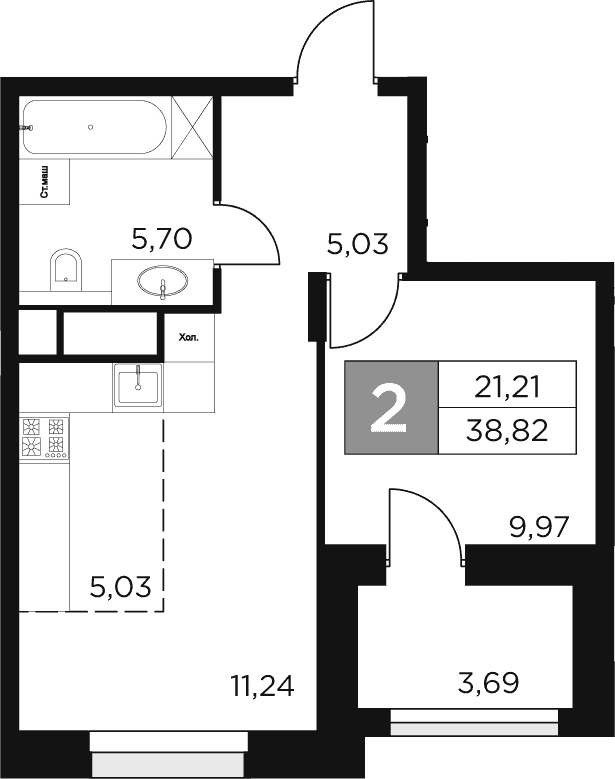 Планировка — Восток 2, 2-комн., 37 м²