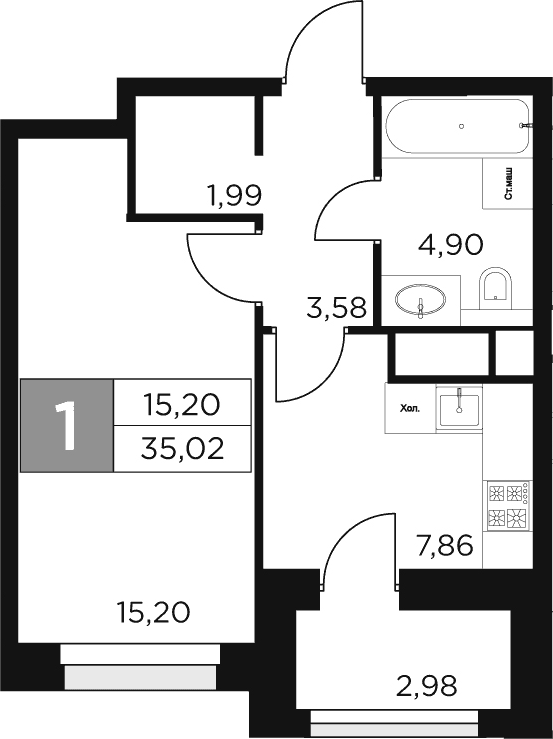 Планировка — Восток 2, 1-комн., 34 м²