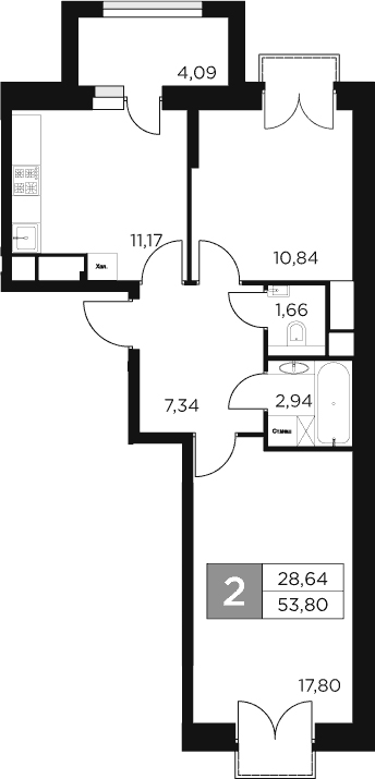 Планировка — Восток 2, 2-комн., 52 м²