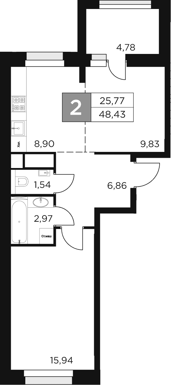 Планировка — Восток 2, 2-комн., 46 м²