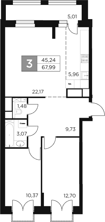 Планировка — Восток 2, 3-комн., 65 м²