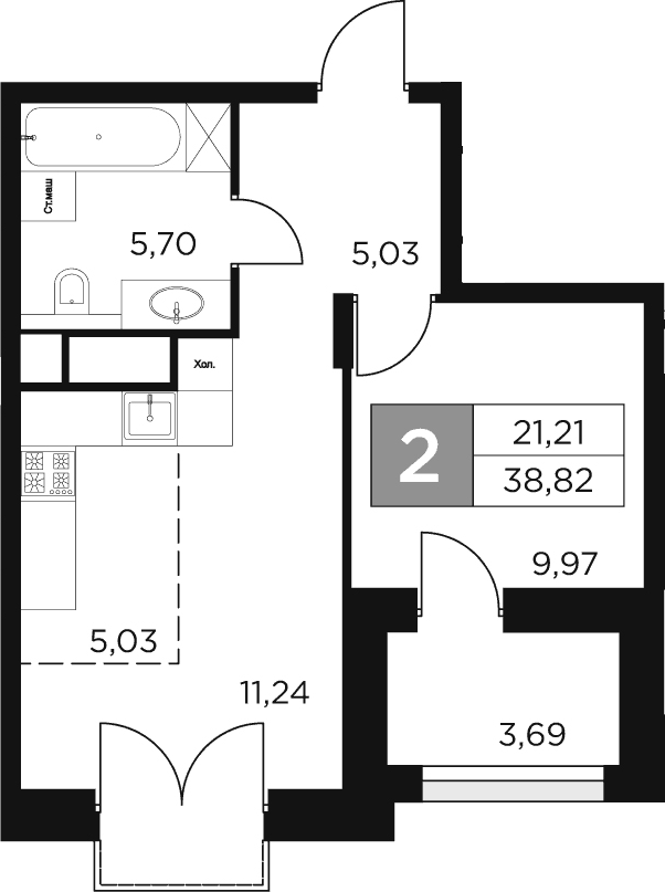 Планировка — Восток 2, 2-комн., 37 м²