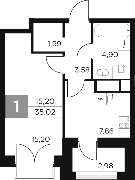 Планировка — Восток 2, 1-комн., 34 м²