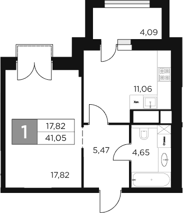 Планировка — Восток 2, 1-комн., 39 м²