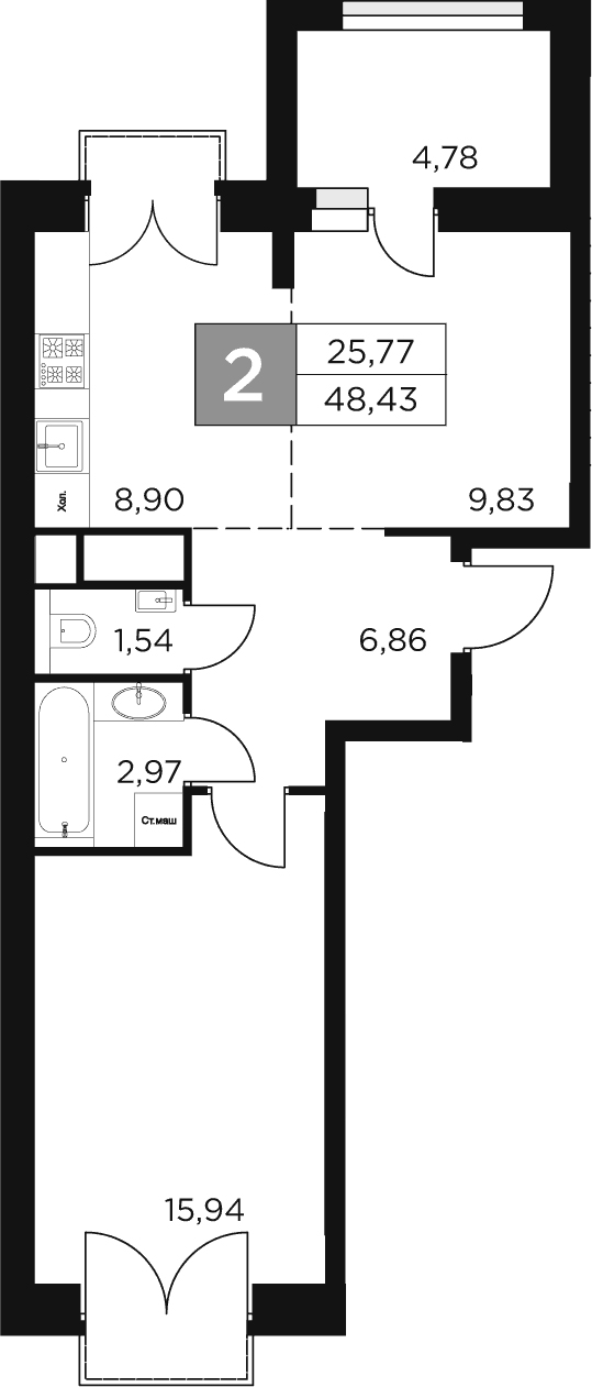 Планировка — Восток 2, 2-комн., 46 м²