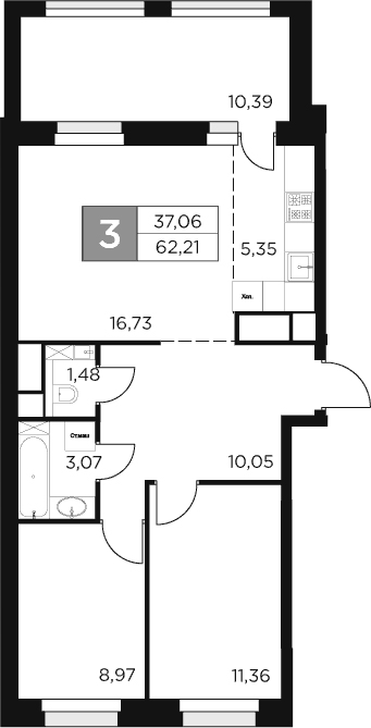 Планировка — Восток 2, 3-комн., 57 м²