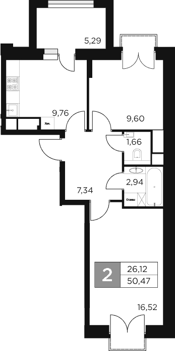 Планировка — Восток 2, 2-комн., 48 м²