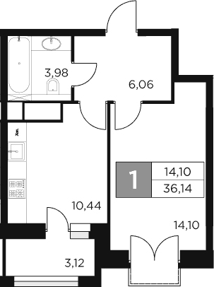 Планировка — Восток 2, 1-комн., 35 м²