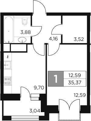 Планировка — Восток 2, 1-комн., 34 м²