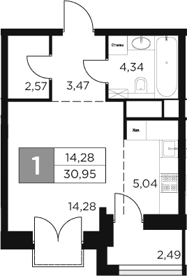Планировка — Восток 2, Студия, 30 м²