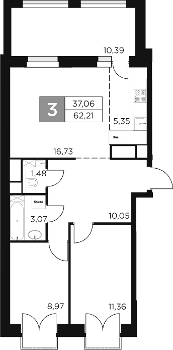 Планировка — Восток 2, 3-комн., 57 м²