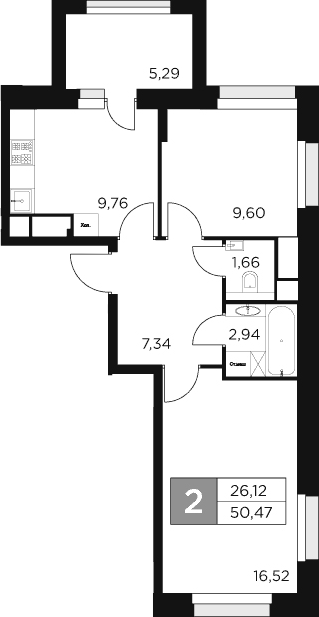 Планировка — Восток 2, 2-комн., 48 м²