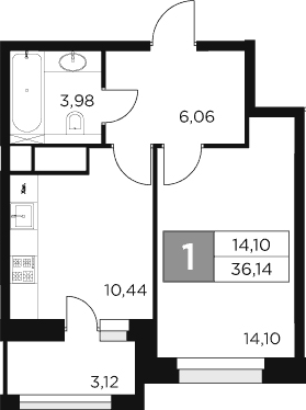 Планировка — Восток 2, 1-комн., 35 м²