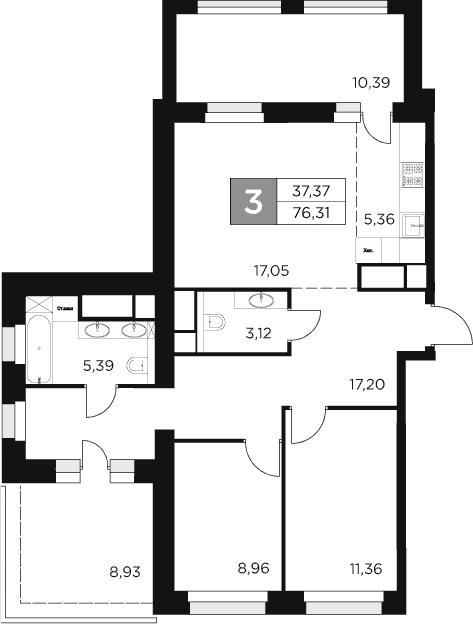 Планировка — Восток 2, 3-комн., 67 м²
