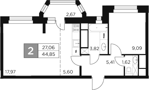 Планировка — Восток 2, 2-комн., 44 м²