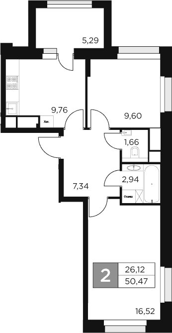 Планировка — Восток 2, 2-комн., 48 м²